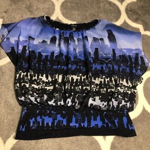Style & Co Blouse Womens Large City Skyline Blue Black Top